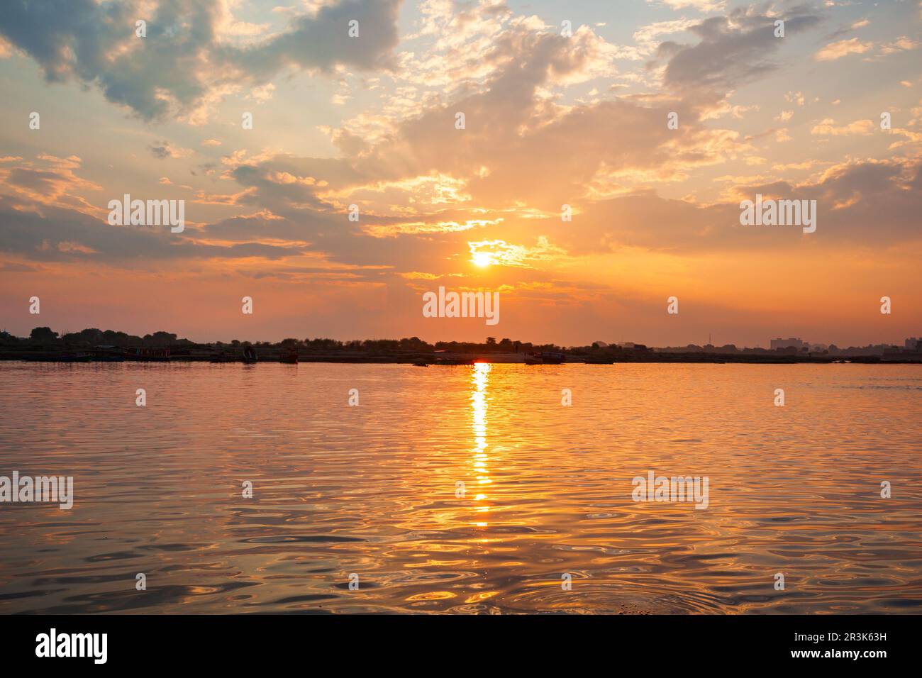 Sunset at the Keshi Ghat on Yamuna river in Vrindavan city in Uttar Pradesh state of India Stock Photo