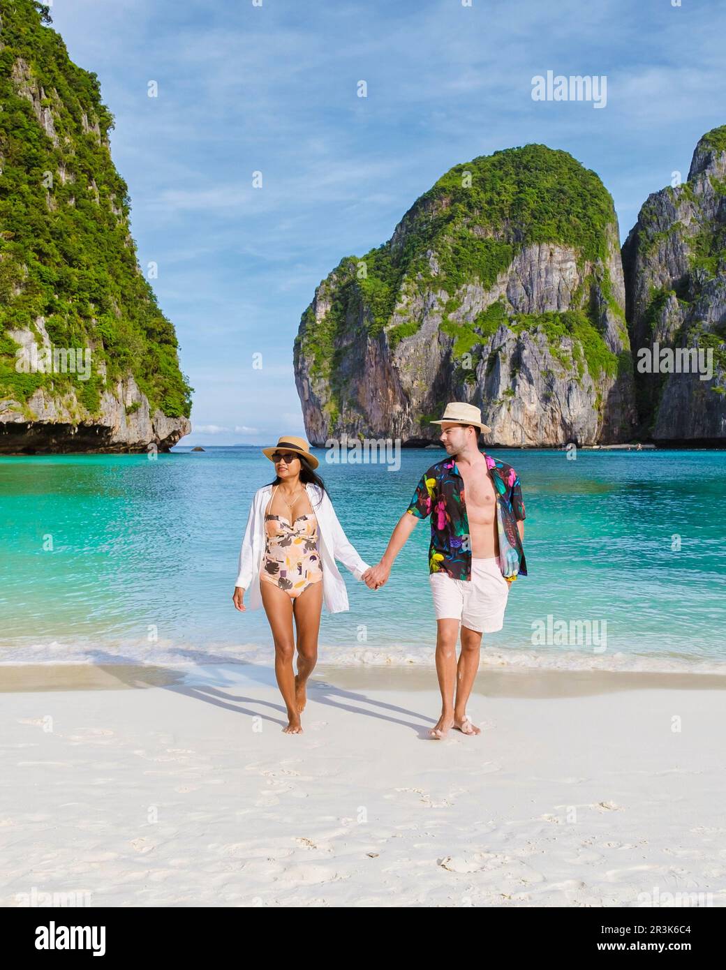 Maya Bay beach Koh Phi Phi Thailand in the morning with turqouse colored ocean Stock Photo