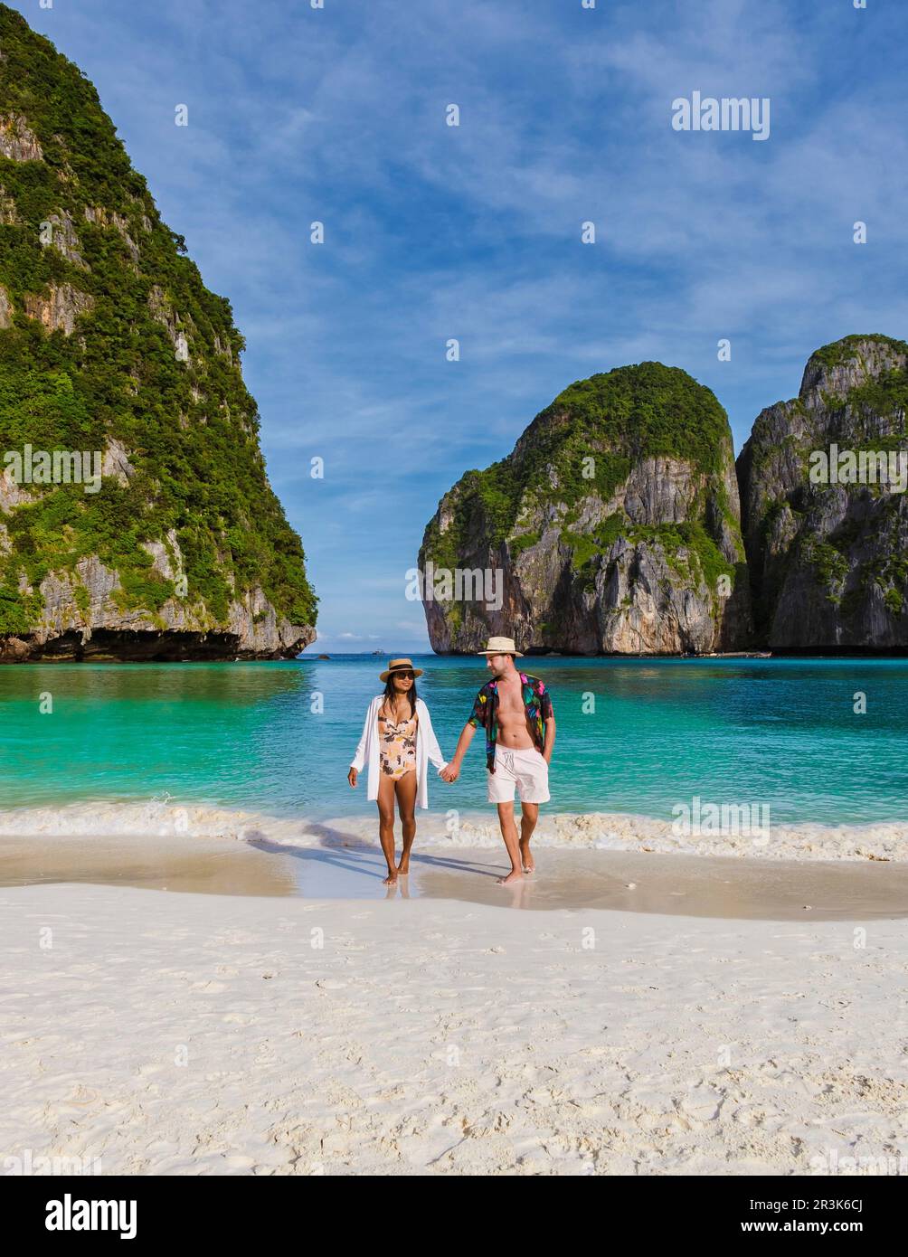 Maya Bay beach Koh Phi Phi Thailand in the morning with turqouse colored ocean Stock Photo