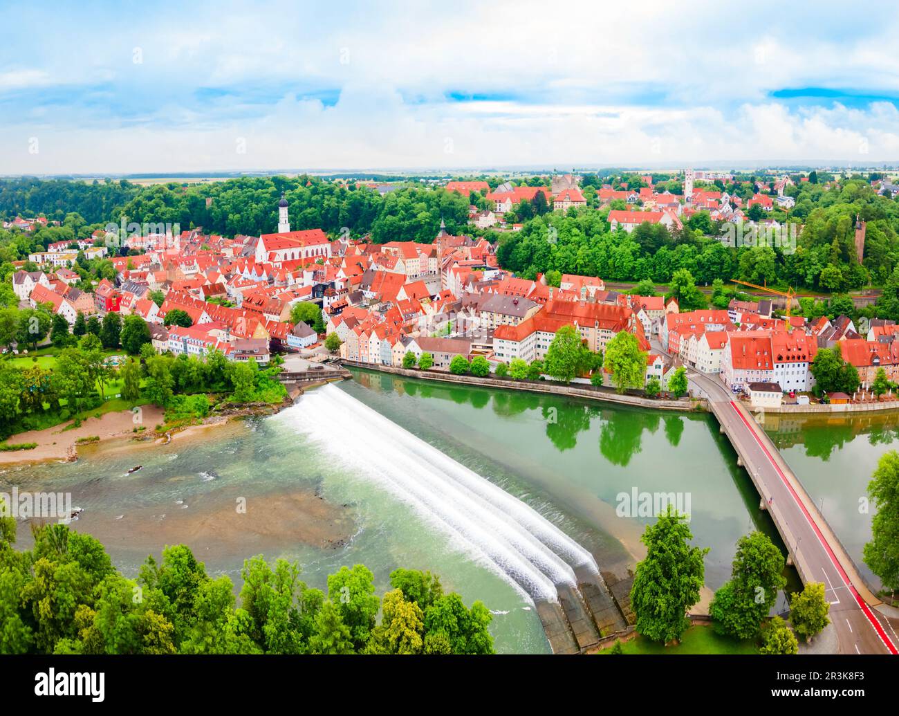 Lech river weir aerial panoramic view in Landsberg am Lech, a town in