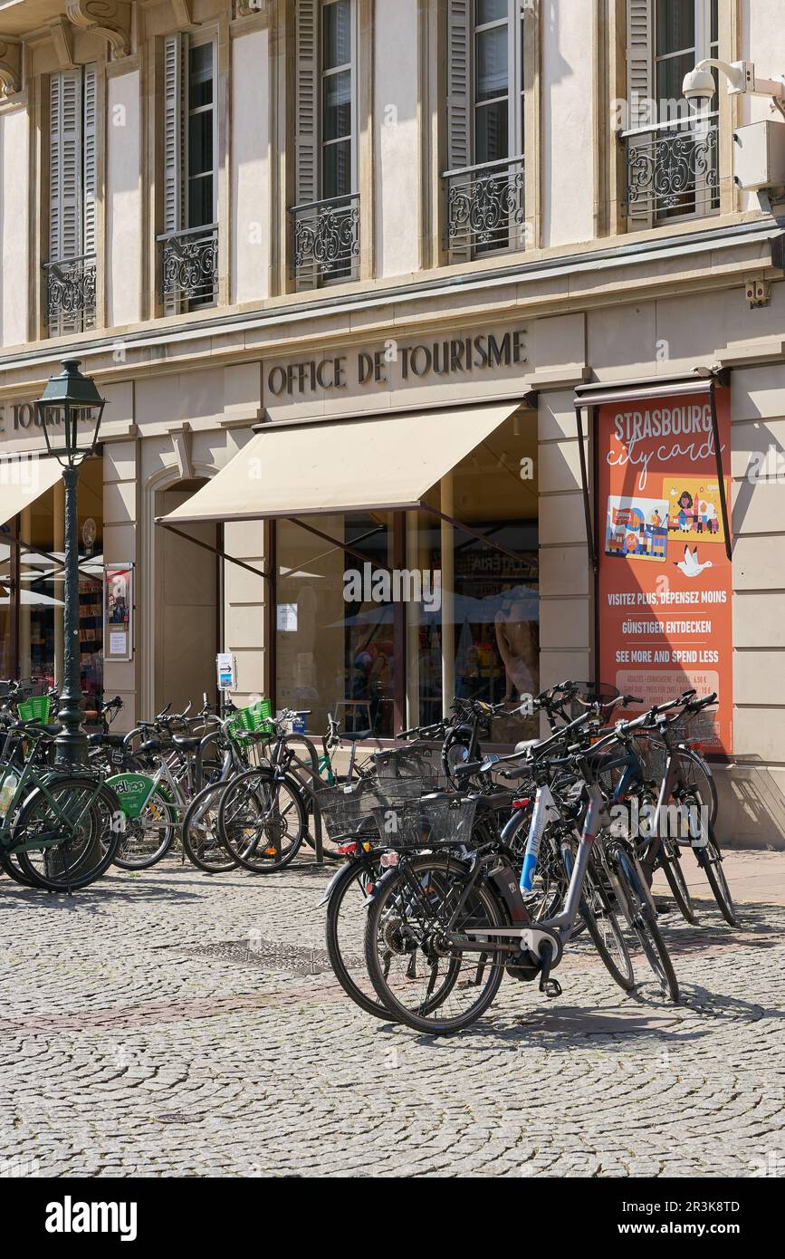 Tourist information and bike rental in the historic center of Strasbourg in France Stock Photo