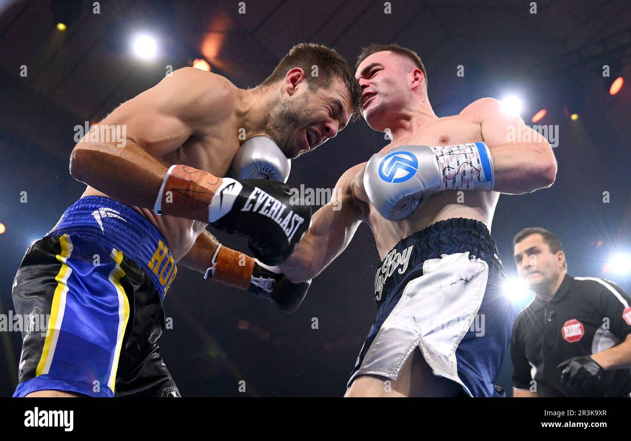 Melbourne, Wednesday, May 24, 2023. Joel Taylor strikes Ben Horn (left)  during their 68.5kg catch weight bout during their Cruiserweight bout at  Margaret Court Arena in Melbourne, Wednesday, May 24, 2023. (AAP