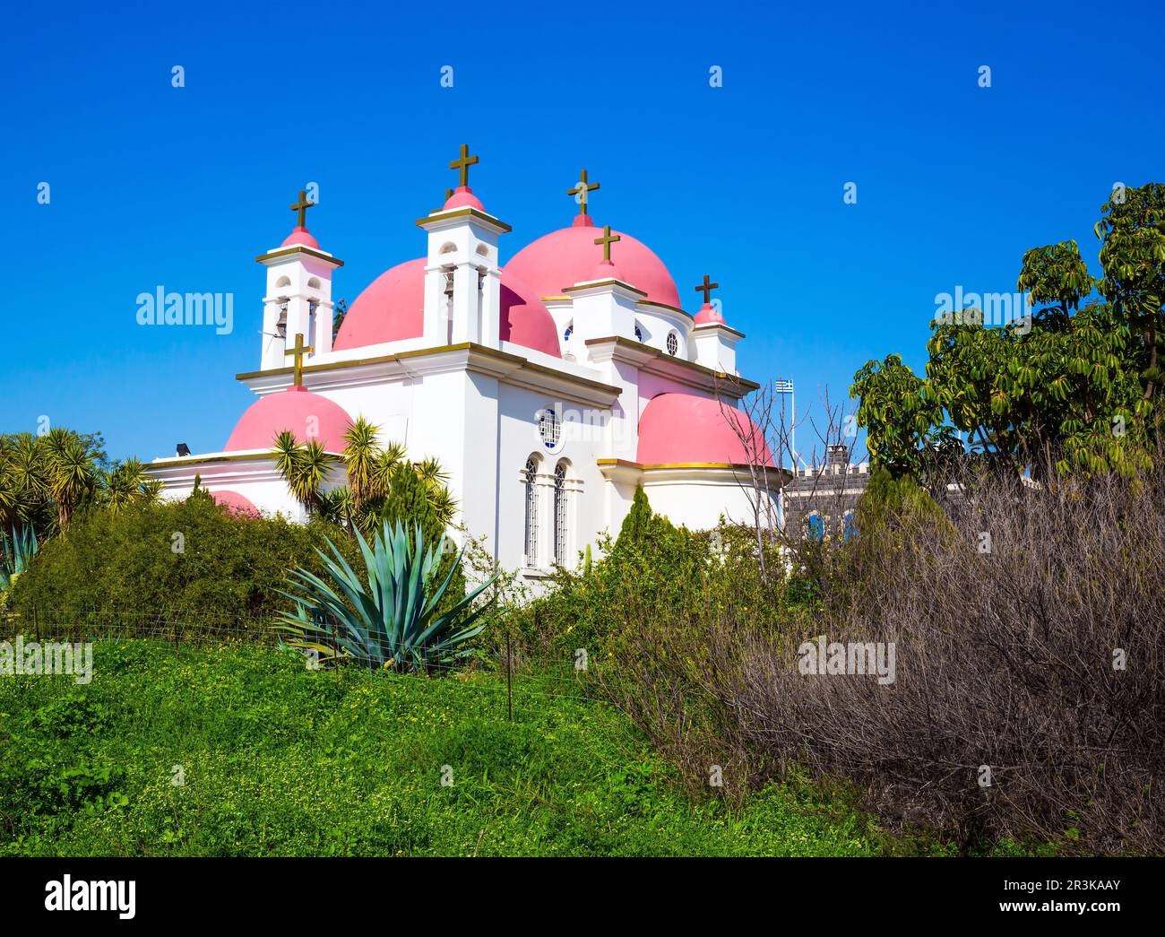 Snow-white church with pink domes and golden crosses. Orthodox monastery and church of the Twelve Apostles. Gorgeous green south park. Israel. The con Stock Photo