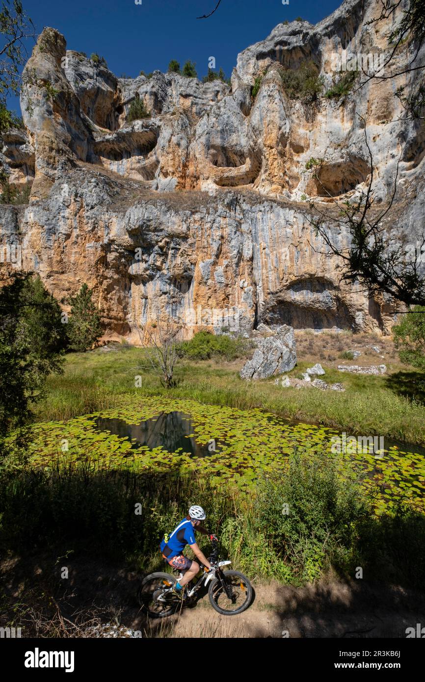 clclista en el sendero, Parque Natural del Cañón del Río Lobos, Soria, Comunidad Autónoma de Castilla, Spain, Europe. Stock Photo