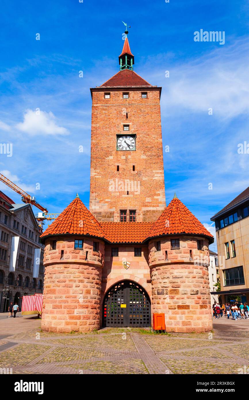 White Tower or Weisser Turm in Nuremberg old town. Nuremberg is the second largest city of Bavaria state in Germany. Stock Photo
