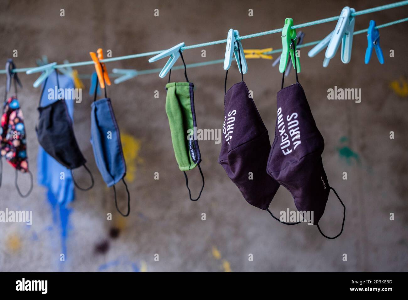 laundry of antivirus masks hanging in a dryer Stock Photo Alamy