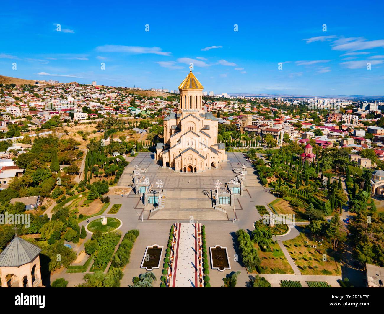 Holy Trinity Cathedral or Tsminda Sameba Church aerial panoramic view ...