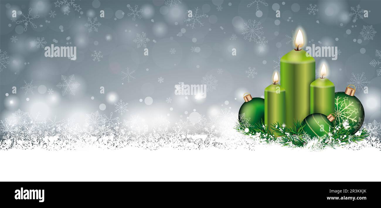 Father Christmas Banner Snow Green Baubles Twigs 3 Green Candles Stock Photo