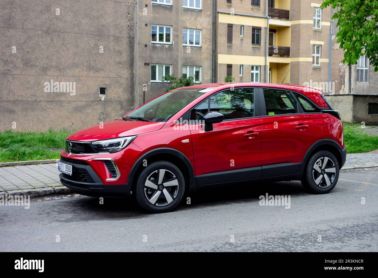 OSTRAVA, CZECH REPUBLIC - MAY 3, 2023: Opel Corssland small MPV with red colour parked on a street Stock Photo