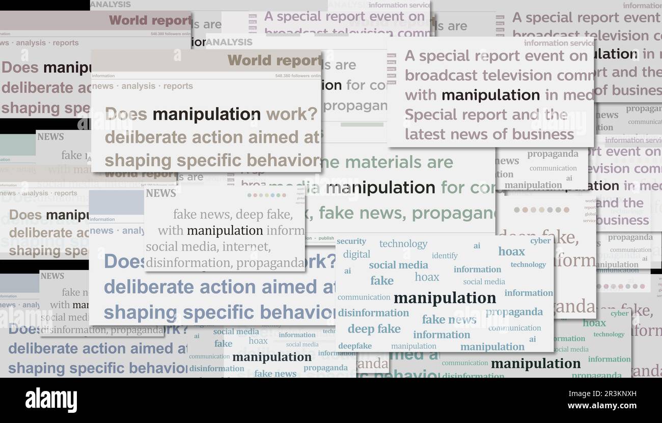 Manipulation disinformation hoax and social media deep fake news headline news across international media. Abstract concept of news titles on noise di Stock Photo