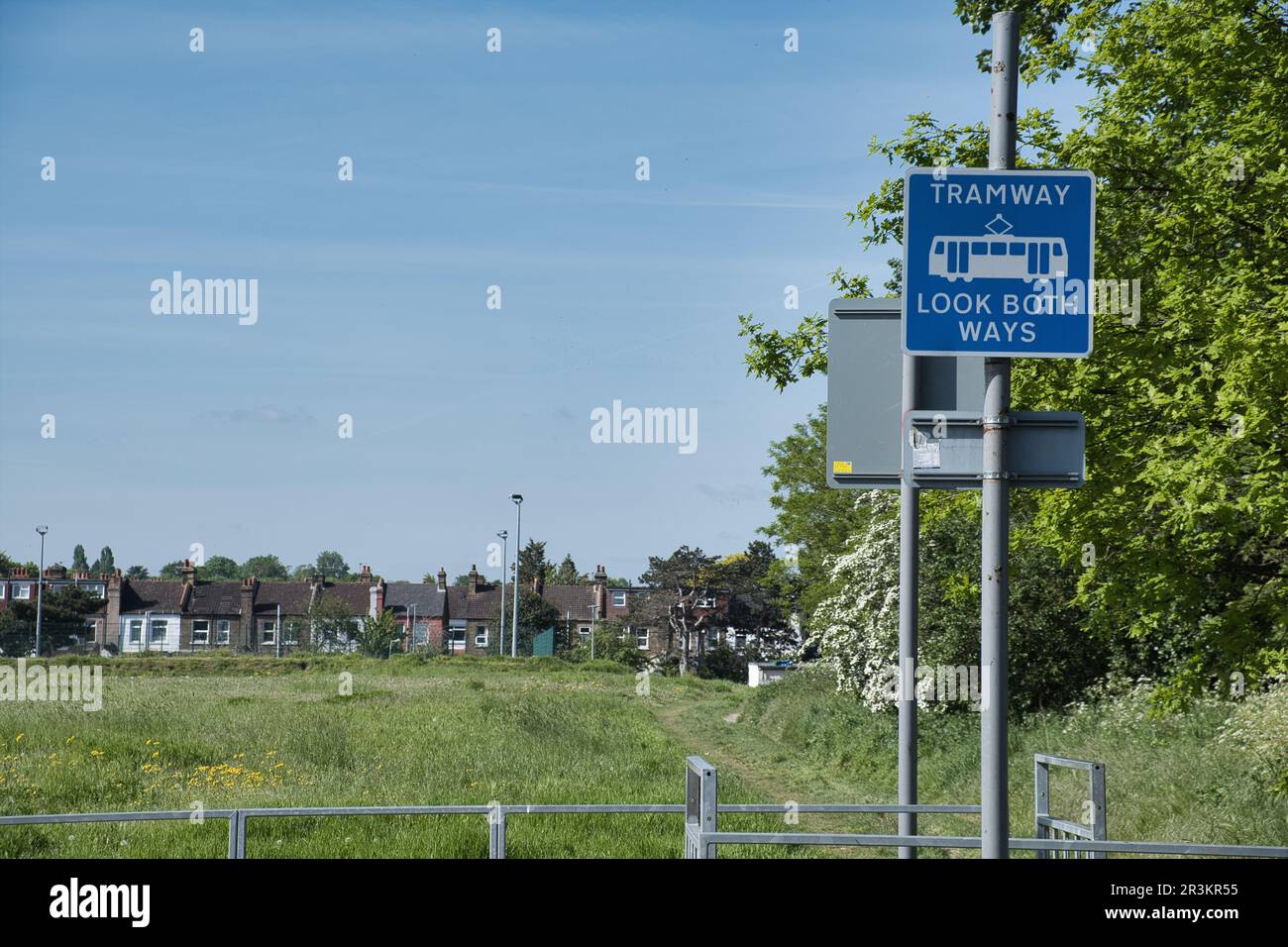 Tram warning sign in South Norwood Park in Croydon, South London Stock Photo