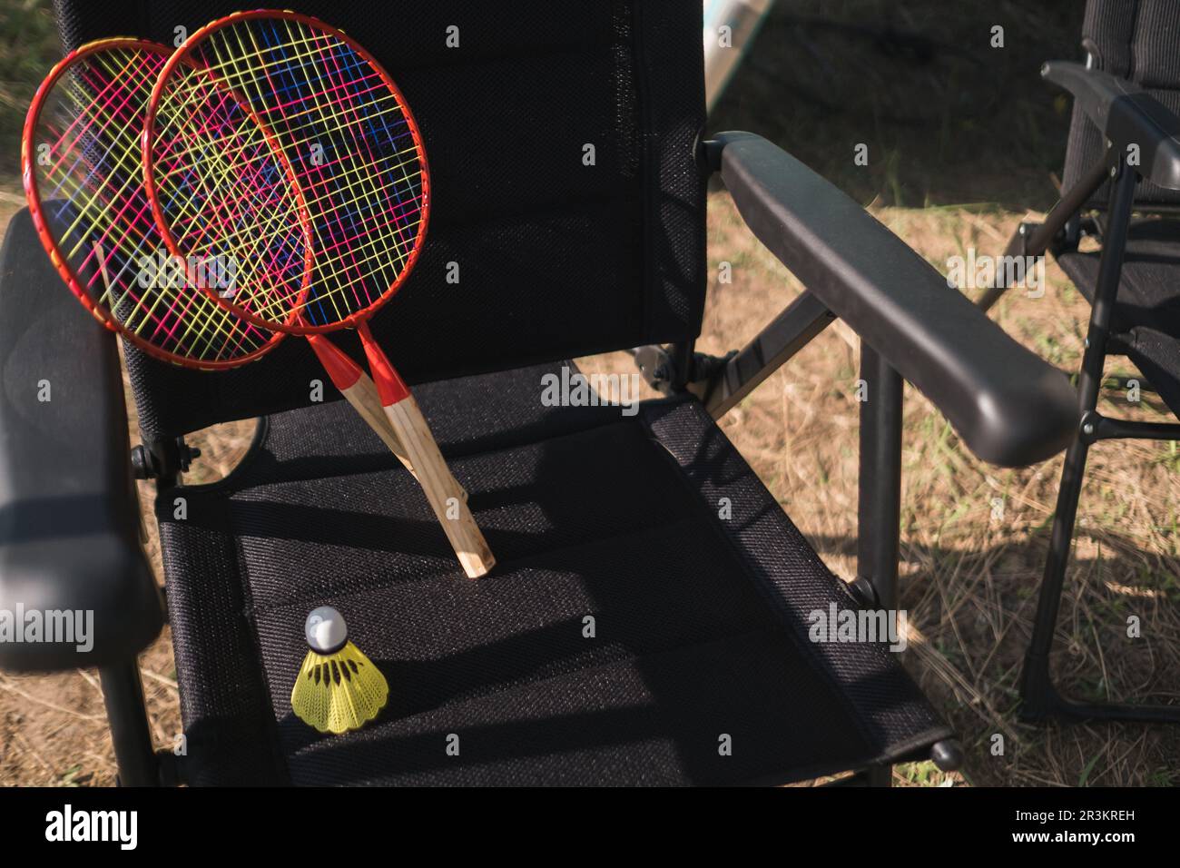 Outdoor Chairs and picnic table near the motorhome Stock Photo Alamy