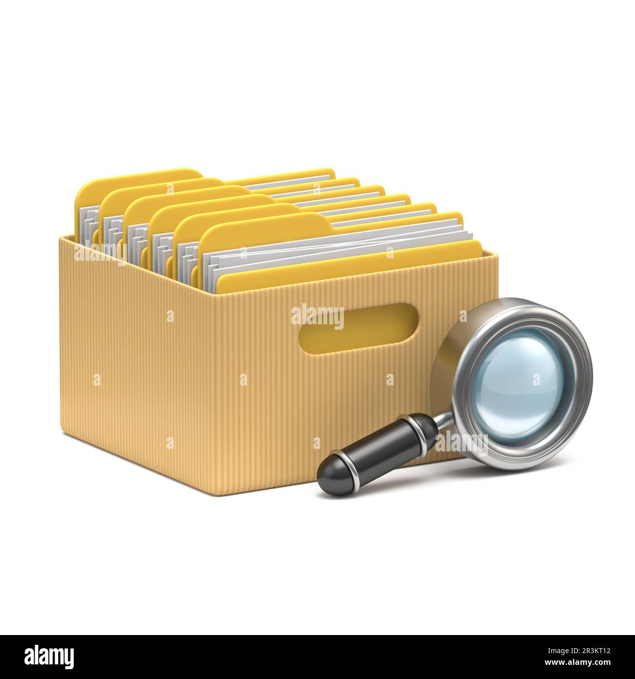 Cardboard box with yellow folders and search glass 3D Stock Photo