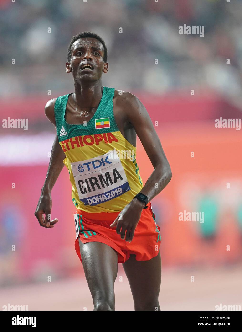 Lamecha Girma participating in the 3000 meter steeplechase at the Doha