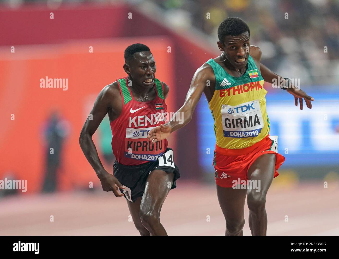 Lamecha Girma and Conseslus Kipruto in the 3000 meter steeplechase at