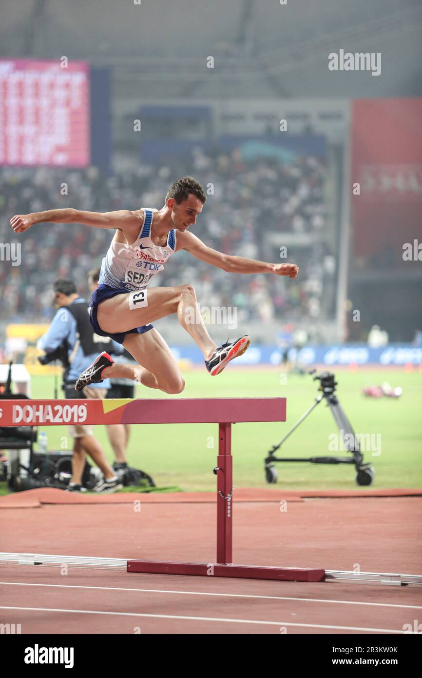 Zak Seddon participating in the 3000 meter steeplechase at the Doha