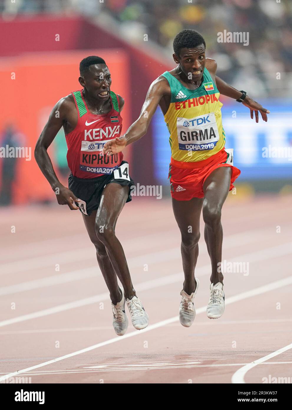 Lamecha Girma and Conseslus Kipruto in the 3000 meter steeplechase at the Doha 2019 World