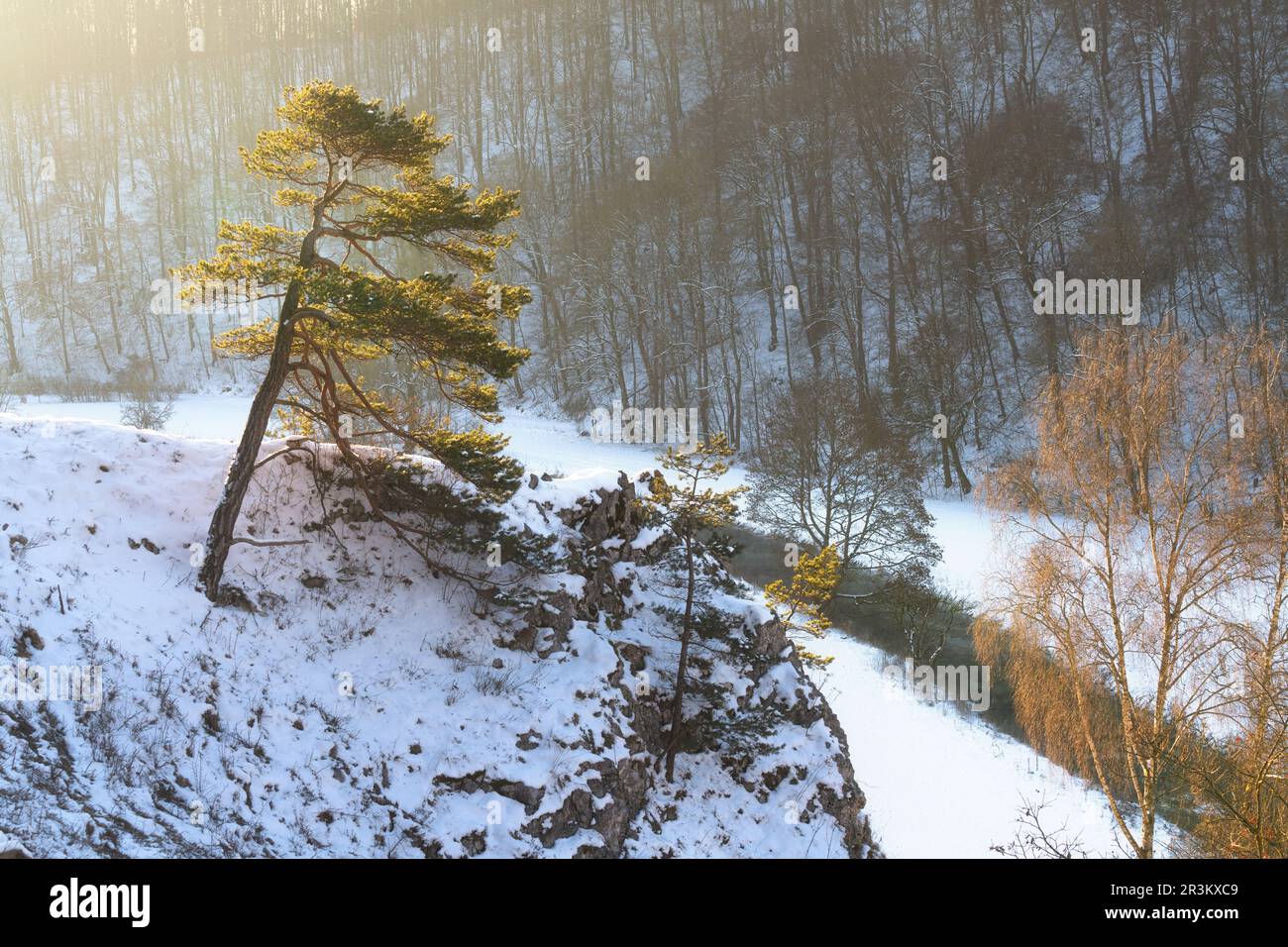 Valley kleines Lautertal near Ulm in winter with snow at sunrise Stock Photo