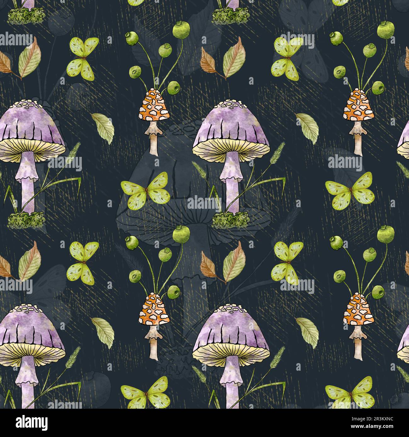 Watercolor mushroom seamless pattern. Pattern with toadstool mushrooms