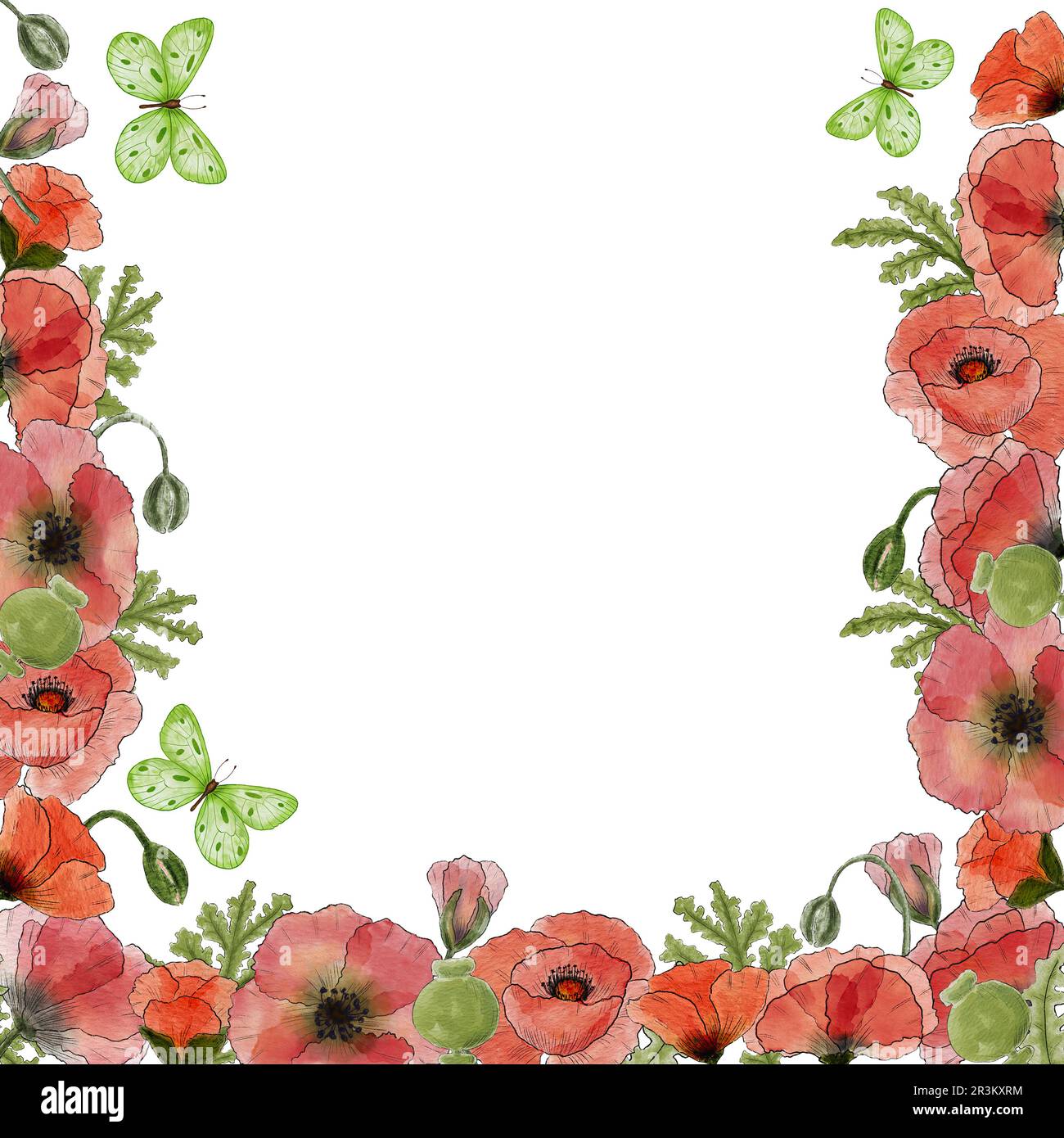 Watercolor card with red poppies. Red poppies and butterfly. Design for ...