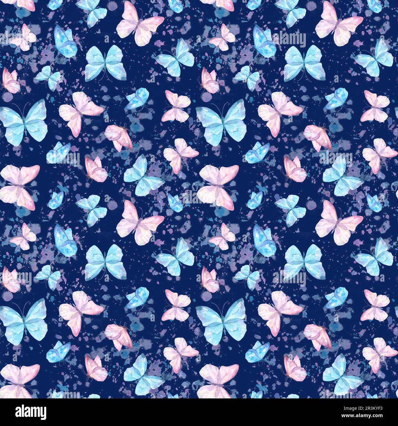 Cute butterflies hand drawn watercolor seamless pattern. Delicate blue ...