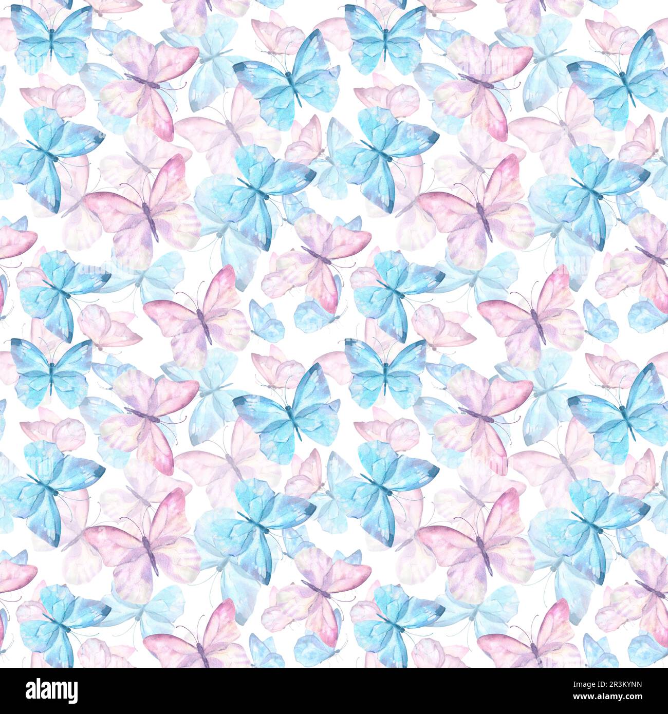 Cute butterflies hand drawn watercolor seamless pattern. Delicate blue ...