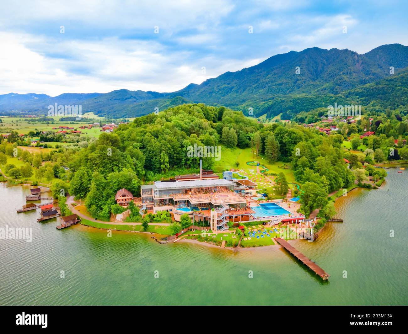 Kochel am See, Germany - July 01, 2021: Kristall Therme trimini aerial panoramic view. It is a thermal spa complex in Kochel am See at the Kochelsee o Stock Photo