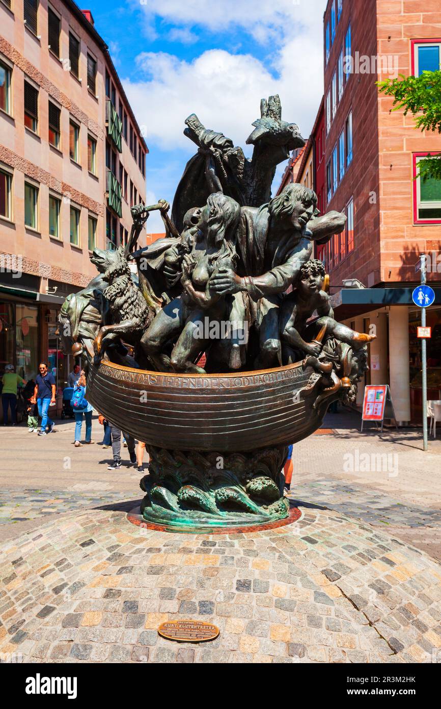 Nuremberg, Germany - July 10, 2021: Ship of Fools fountain or Narrenschiffbrunnen is located in Nuremberg old town. Nuremberg is the second largest ci Stock Photo
