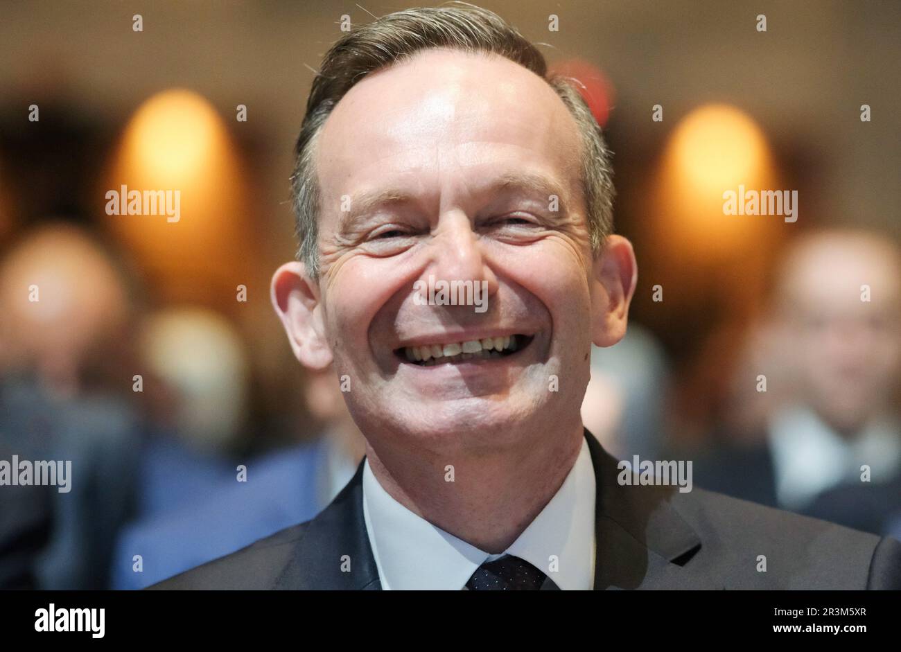 Leipzig, Germany. 24th May, 2023. Volker Wissing (FDP), Federal Minister of Transport, laughs on an escalator in a hall of the Congress Center Leipzig. The International Transport Forum (ITF) opened there. Credit: Sebastian Willnow/dpa/Alamy Live News Stock Photo
