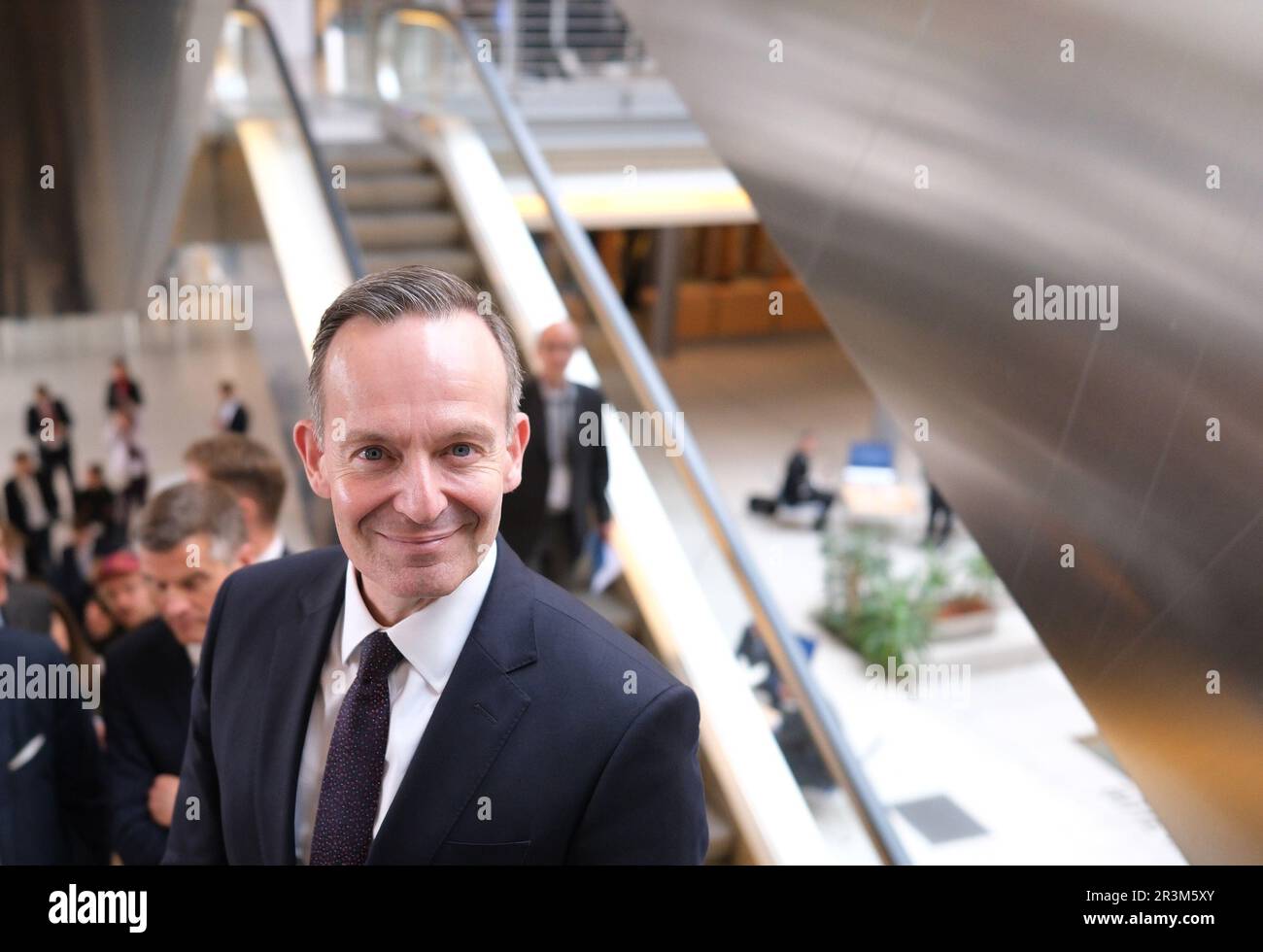Leipzig, Germany. 24th May, 2023. Volker Wissing (FDP), Federal Minister of Transport, stands on an escalator in the Congress Center Leipzig. The International Transport Forum (ITF) opened there. Credit: Sebastian Willnow/dpa/Alamy Live News Stock Photo