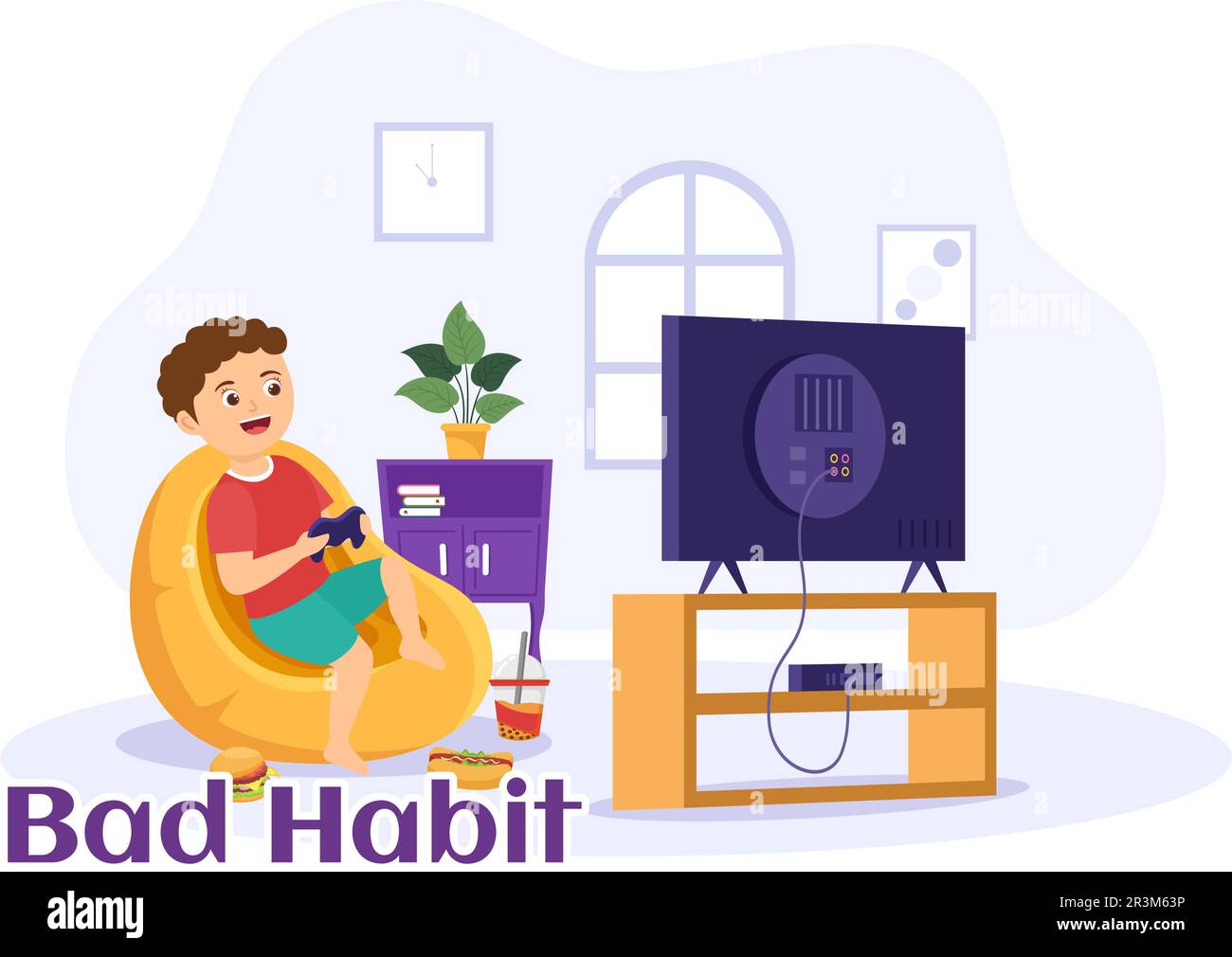 Bad Habit Vector Illustration with Unhealthy Lifestyle like Eating Fast Food or Alcohol Bottle in Kids Cartoon Hand Drawn Landing Page Templates Stock Vector