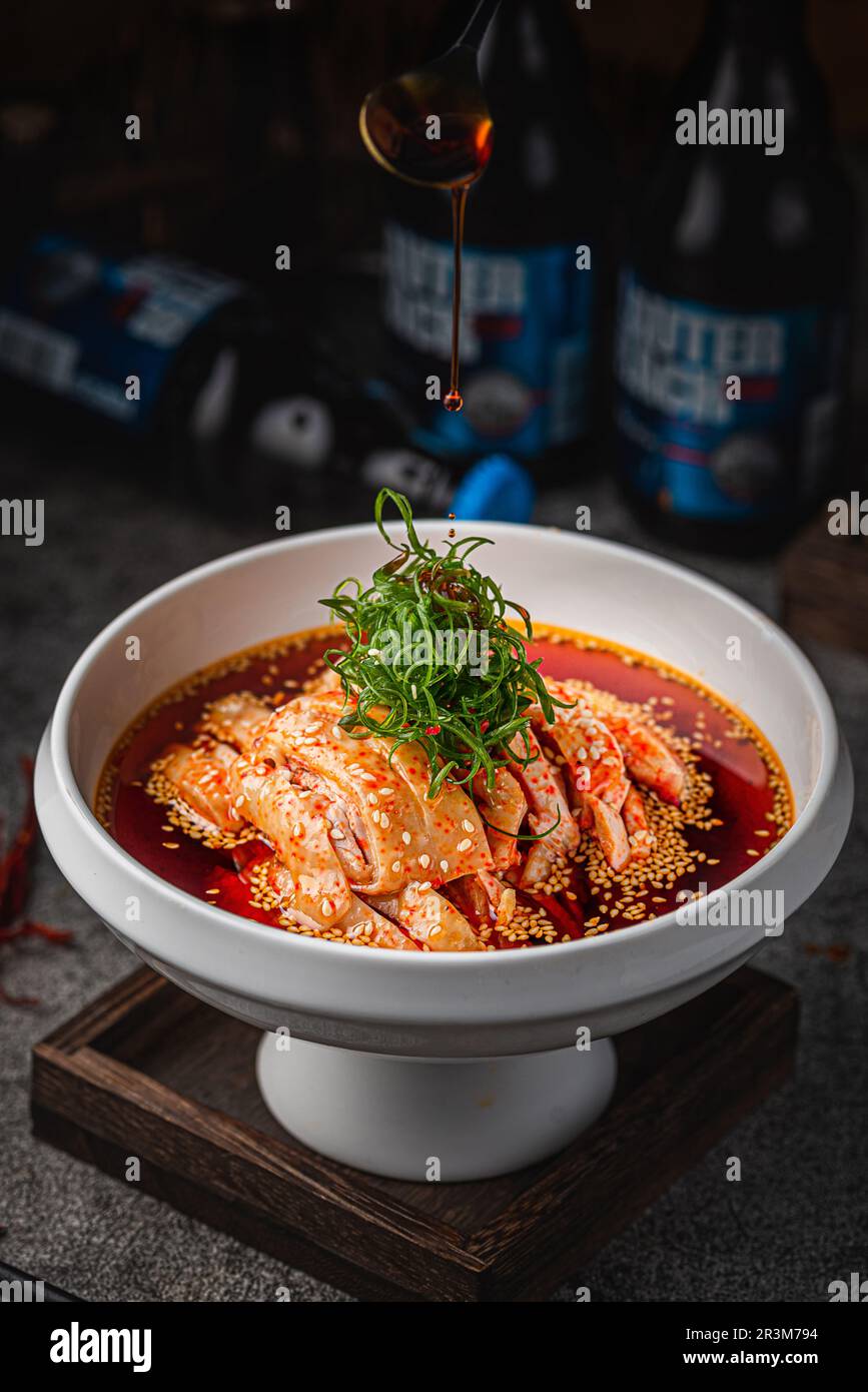 Chinese food:Shredded Chicken， Steamed Chicken in Chili Oil，Mouth-watering chicken (Kou Shui Ji） Stock Photo