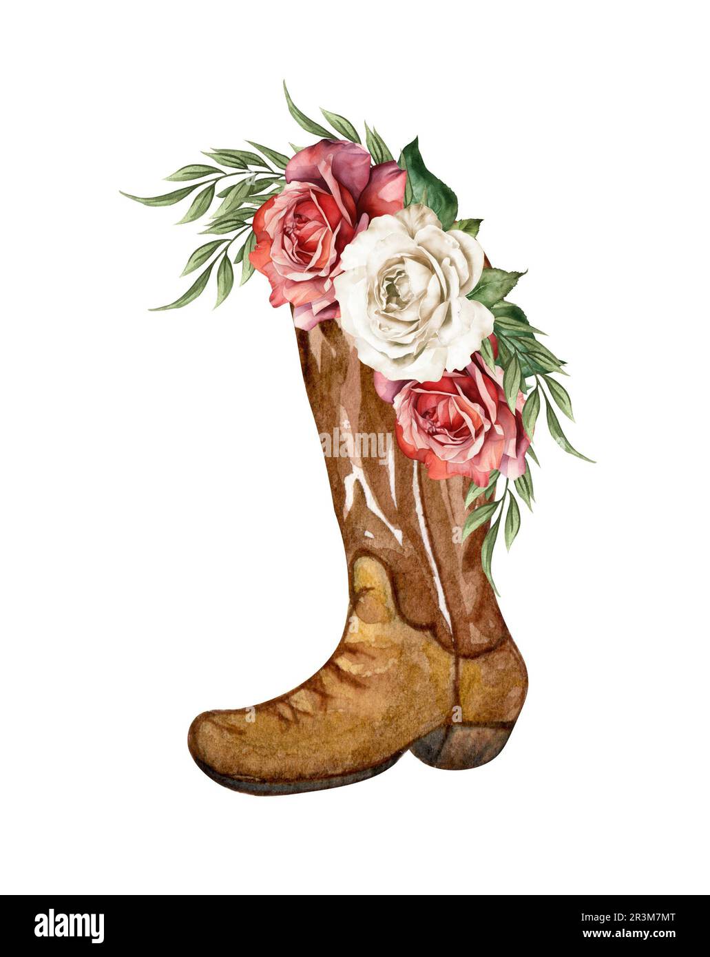 Watercolor Flowers in boots. Cowboy boots and flowers. Farmhouse