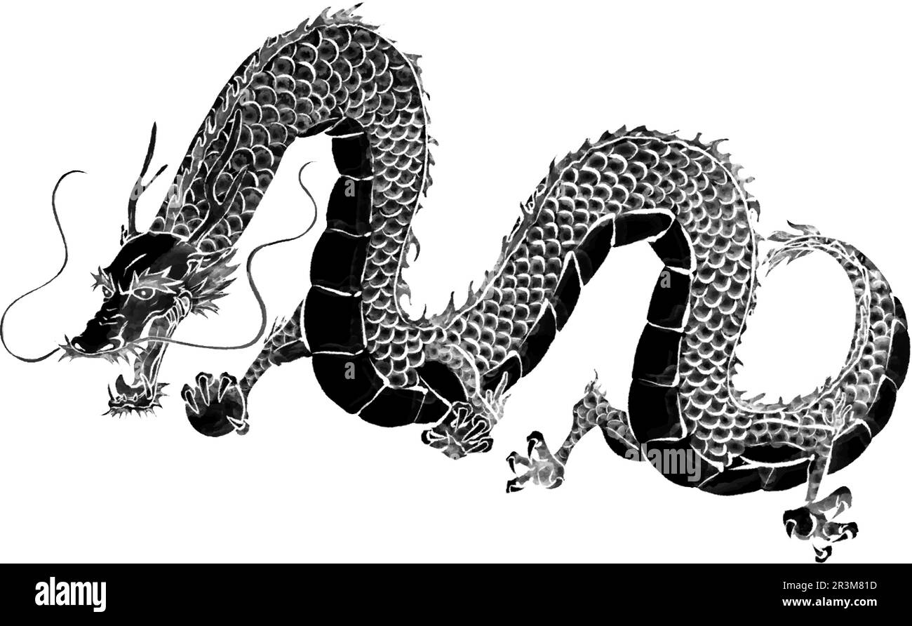 Ink drawing of a black dragon for New Year's cards for the year of the dragon, 2024, Vector Illustration Stock Vector