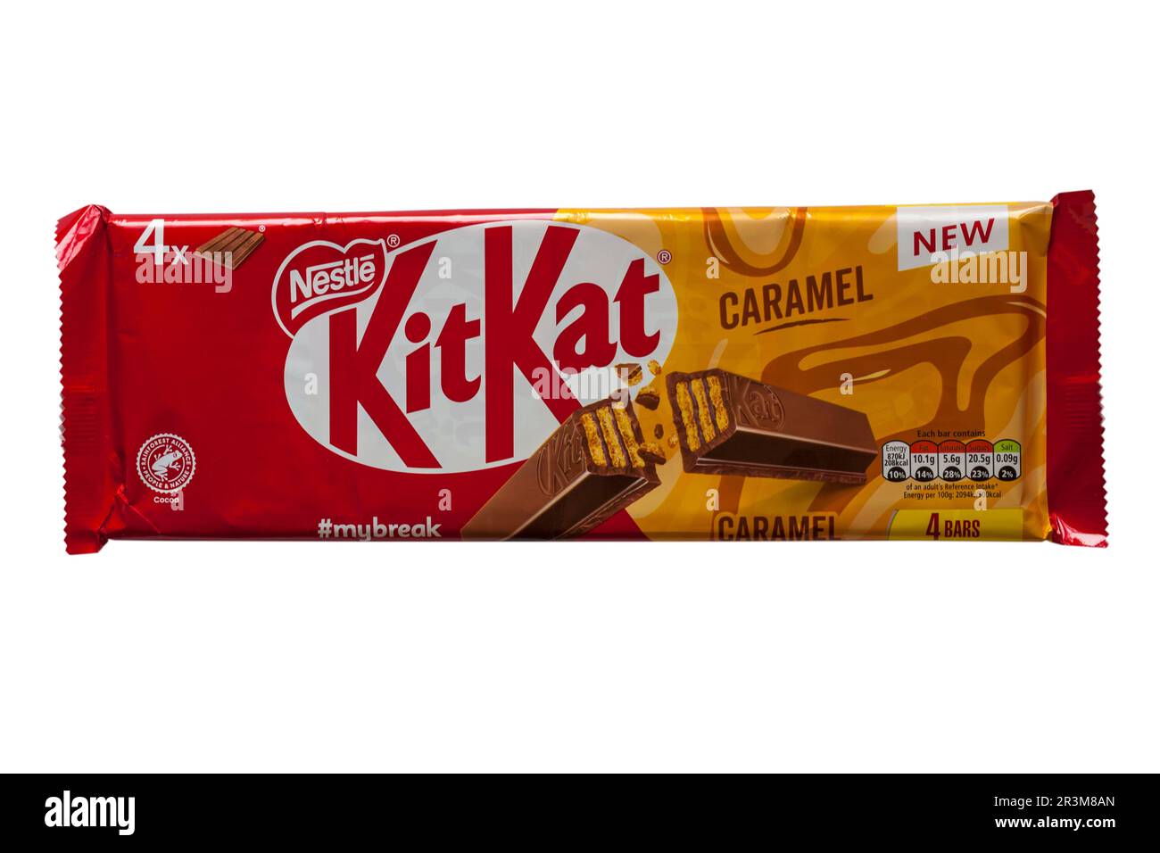 Packet of Nestle Caramel KitKat isolated on white background Kit Kat kitkats kit kats Stock