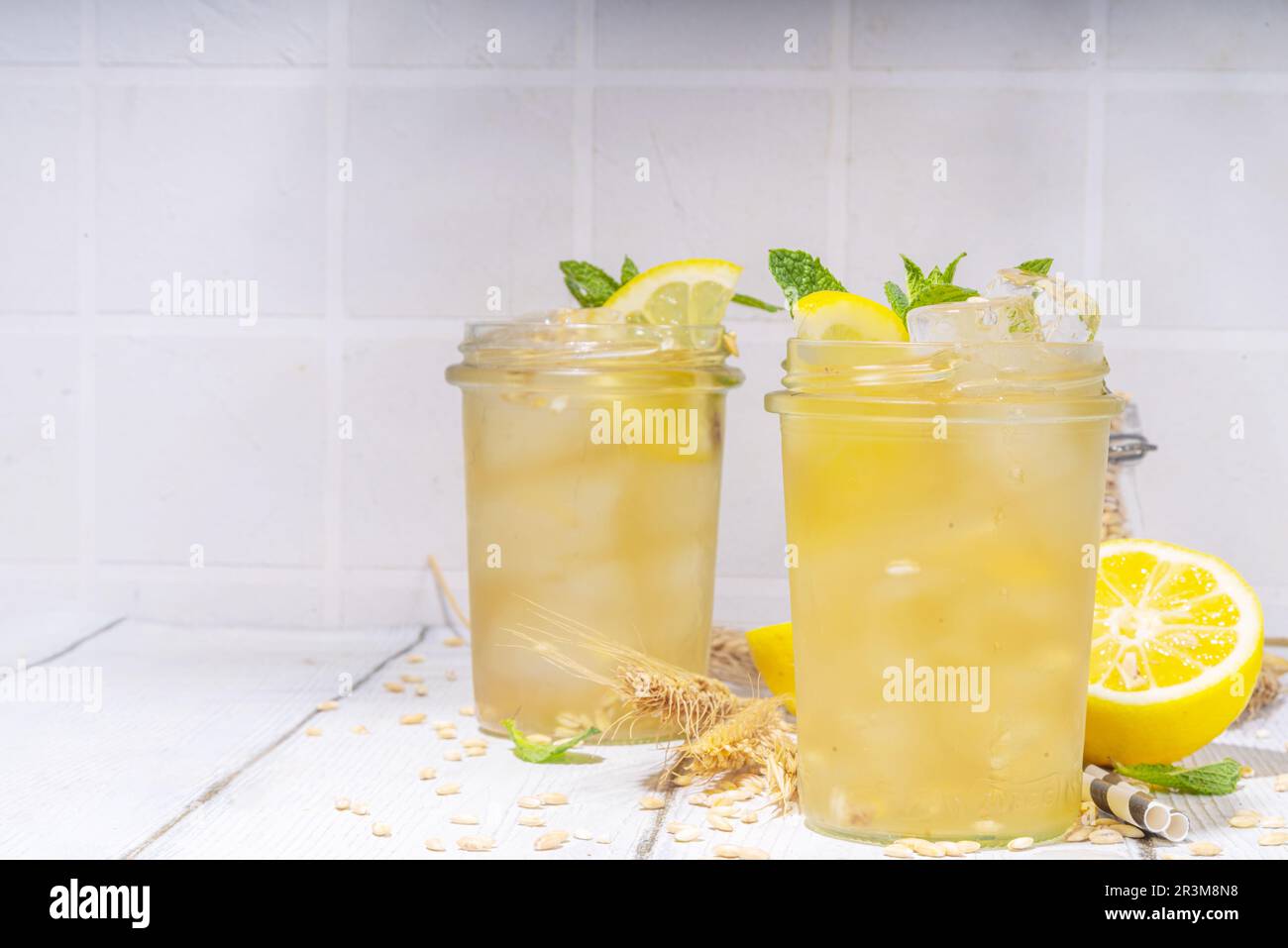 Barley orzo lemonade, alternative trendy sour cold drink with barley