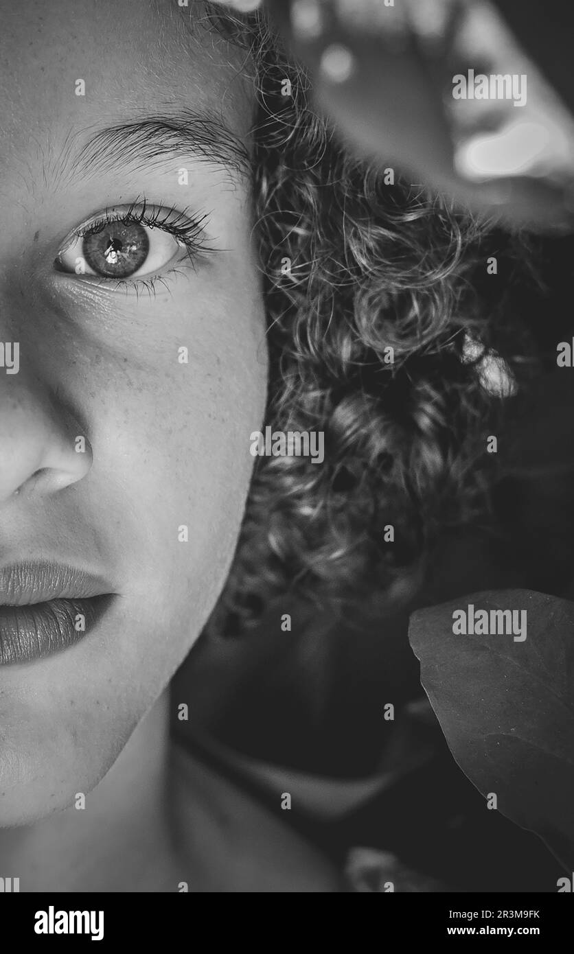 Black and white portrait of beautiful curly haired girl Stock Photo - Alamy
