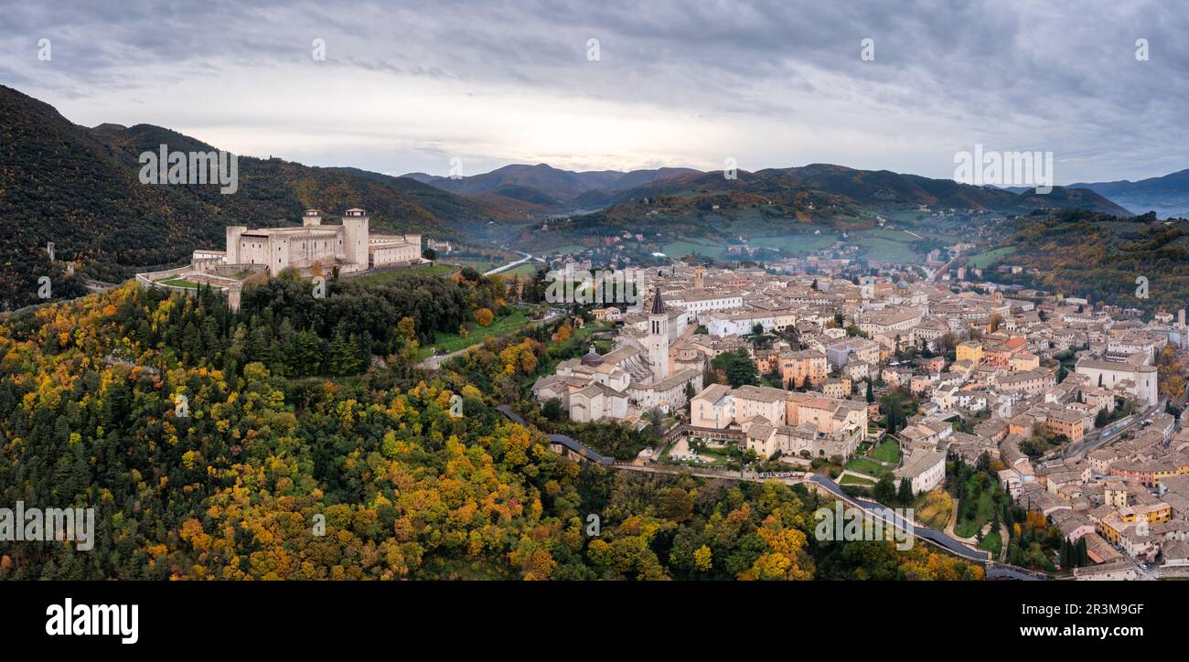 Panorama view of historic Spoleto with the Rocca Albornoziana fortress and cathedral Stock Photo