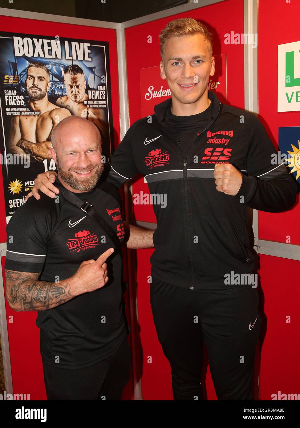 Boxer Tim VÃ¶ÃŸing (Essen) with coach the weigh-in before SES Boxing Boxgala on 05/14/2022 Magdeburg Stock Photo