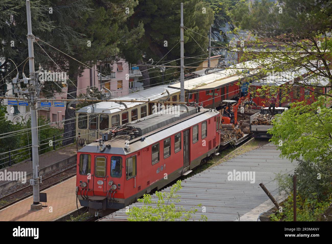 Electric trains of the Genova Casella narrow gauge railway at Piazza