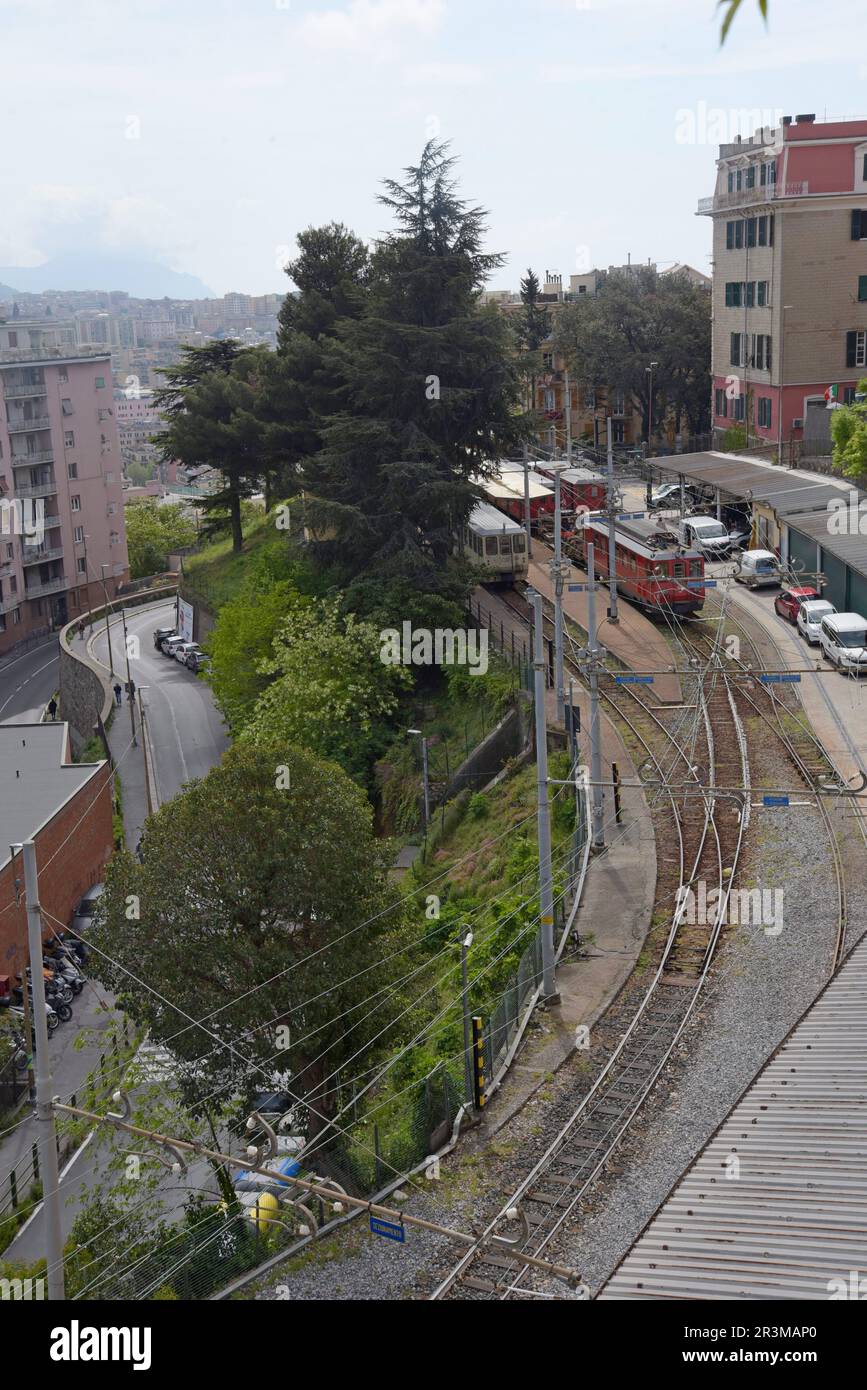 Electric trains of the Genova Casella narrow gauge railway at Piazza