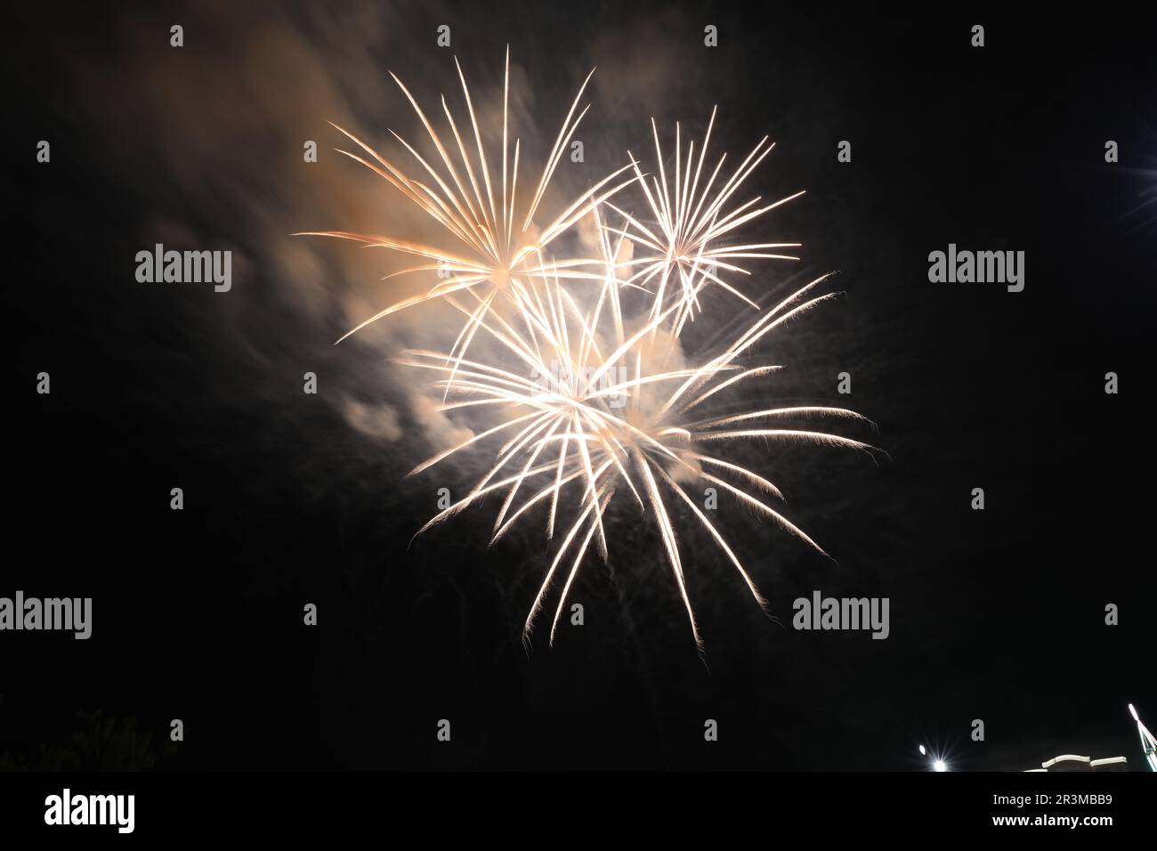 Beautiful fireworks lighting up night sky outdoors Stock Photo