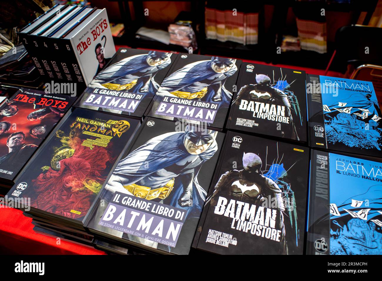 Turin, Italy - May 22, 2023: Batman comic books of Panini Comics publisher  on display at the 35th Turin International Book Fair. Stock Photo
