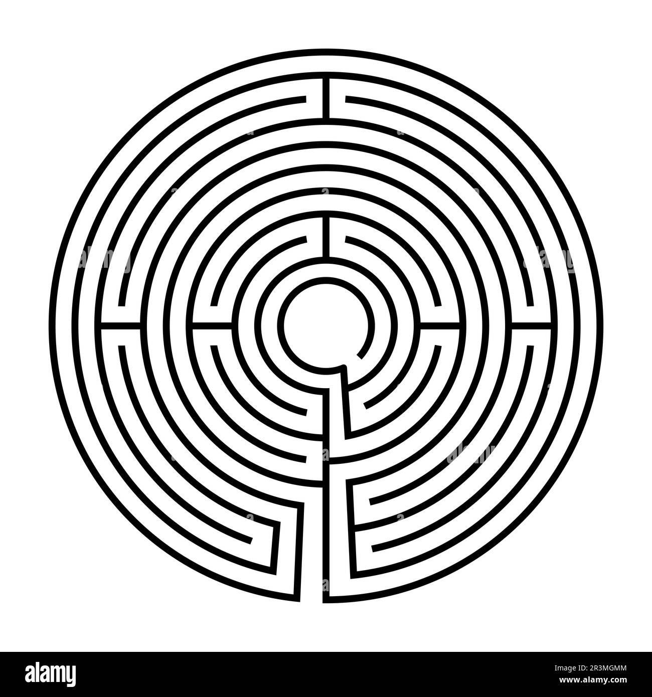 Circle shaped medieval labyrinth of Bayeux Cathedral. Single path maze with ten courses, a centuries old pattern, embedded in the cathedral floor. Stock Photo