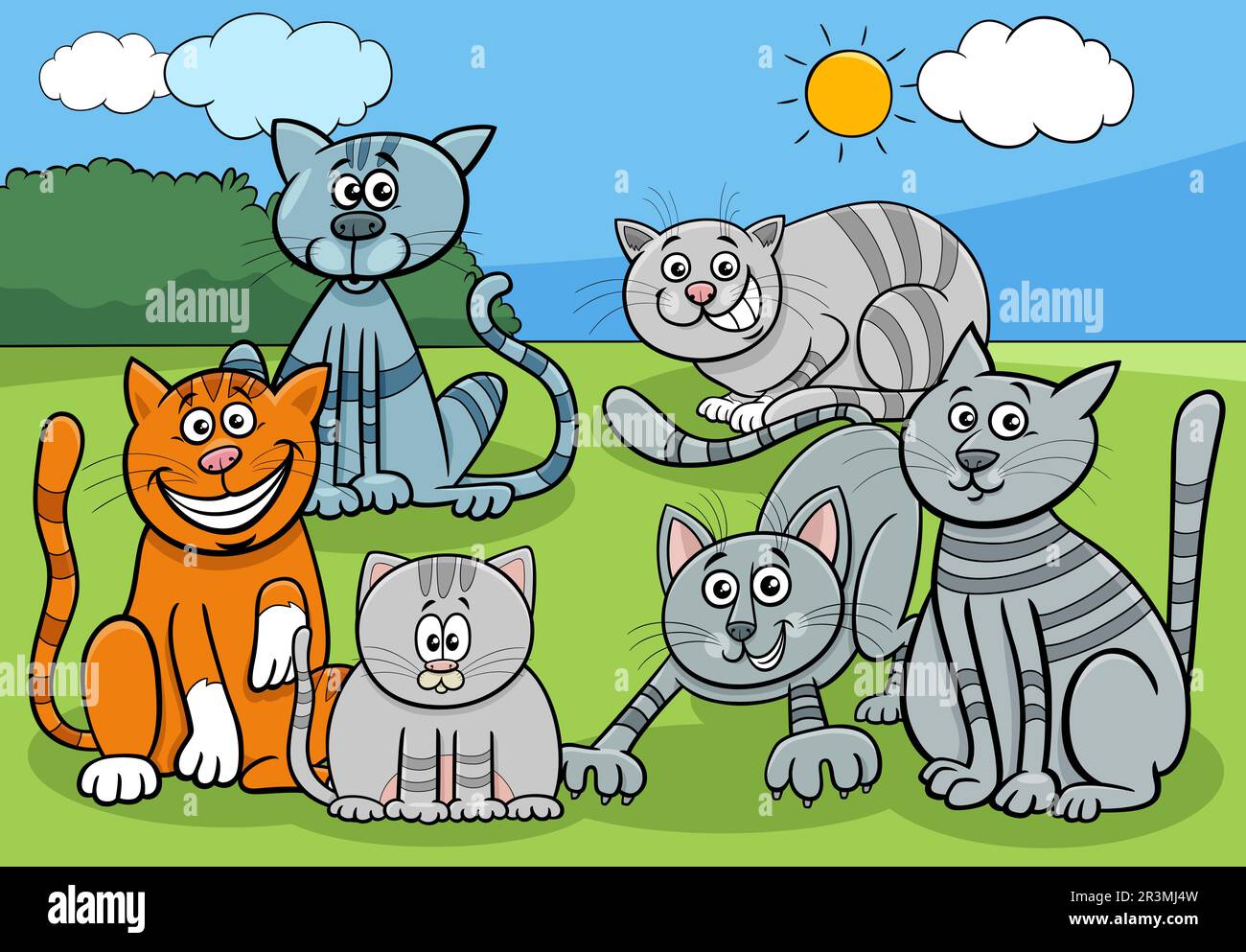 Cartoon illustration of cats and kittens pets comic animal characters