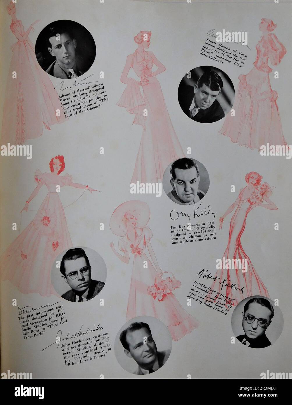 Costume Designers GILBERT ADRIAN with dress design for Joan Crawford TRAVIS BANTON with design for Claudette Colbert ORRY-KELLY with design for Kay Francis EDWARD STEVENSON with design for Lily Pons JOHN HARKRIDER with design for Virginia Bruce and ROBERT KALLOCH with design for Joan Perry from article The Men Behind the Gowns by Pamela Pratt Forbes in the June 1937 edition of CINEMA ARTS magazine. Stock Photo