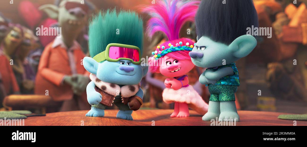 TROLLS BAND TOGETHER, (aka TROLLS 3), from left: John Dory (voice: Eric Andre), Poppy (voice: Anna Kendrick), Branch (voice: Justin Timberlake), 2023. © Universal Pictures /Courtesy Everett Collection Stock Photo
