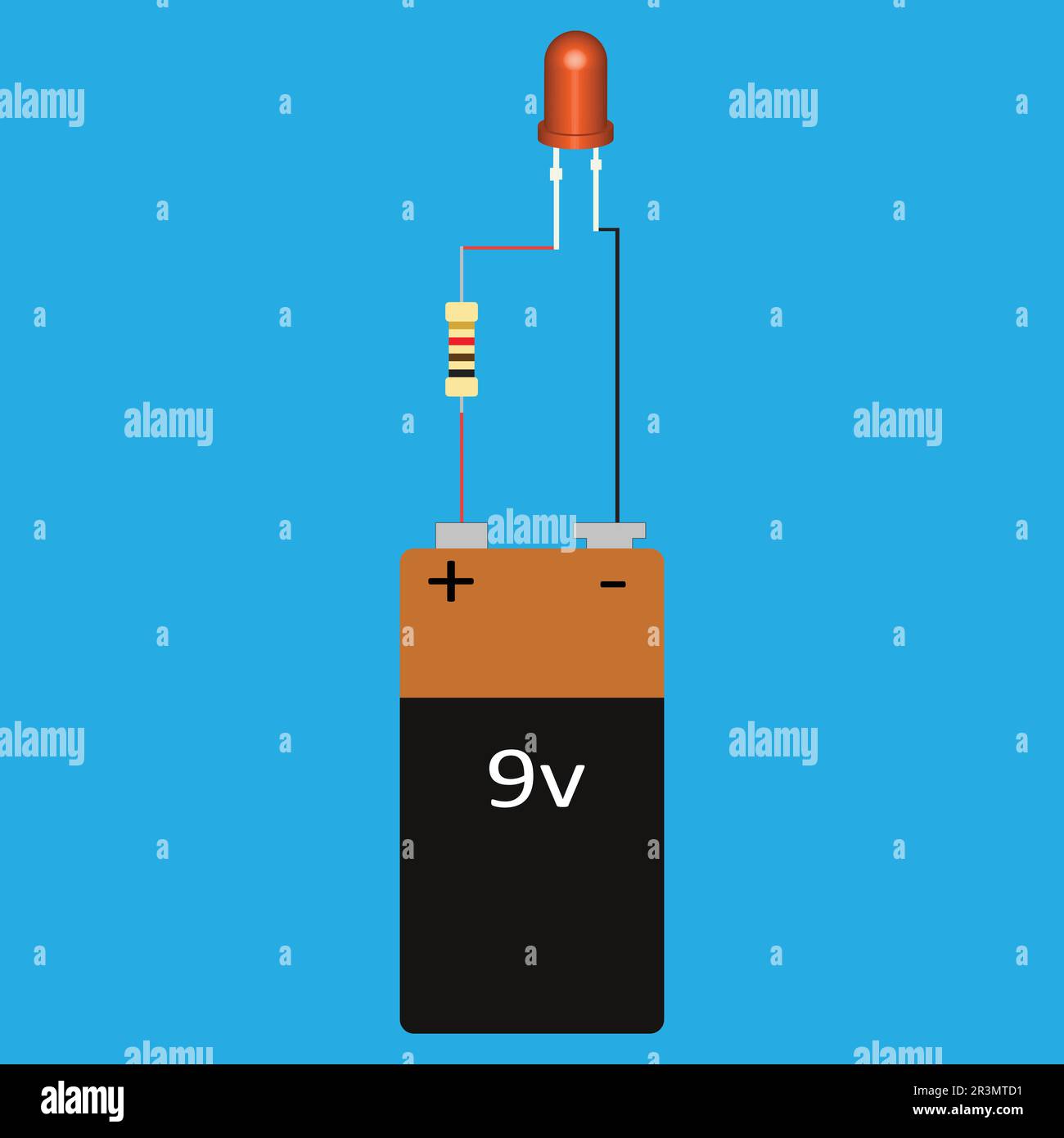 a led is connected to the battery with a series resistor, a series circuit concept Stock Vector