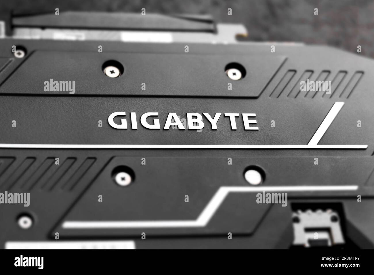 Computer graphic card Gigabyte, professional video card with logo. Kyiv