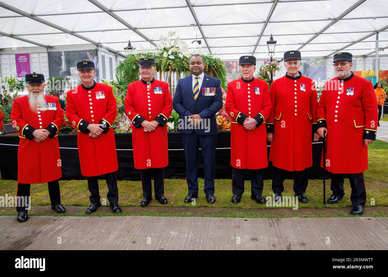 London, UK. 23rd May, 2023. Johnson Beharry, awarded the VC, with Chelsea Pensioners RHS Chelsea Flower Show. Credit: Karl Black/Alamy Live News Stock Photo